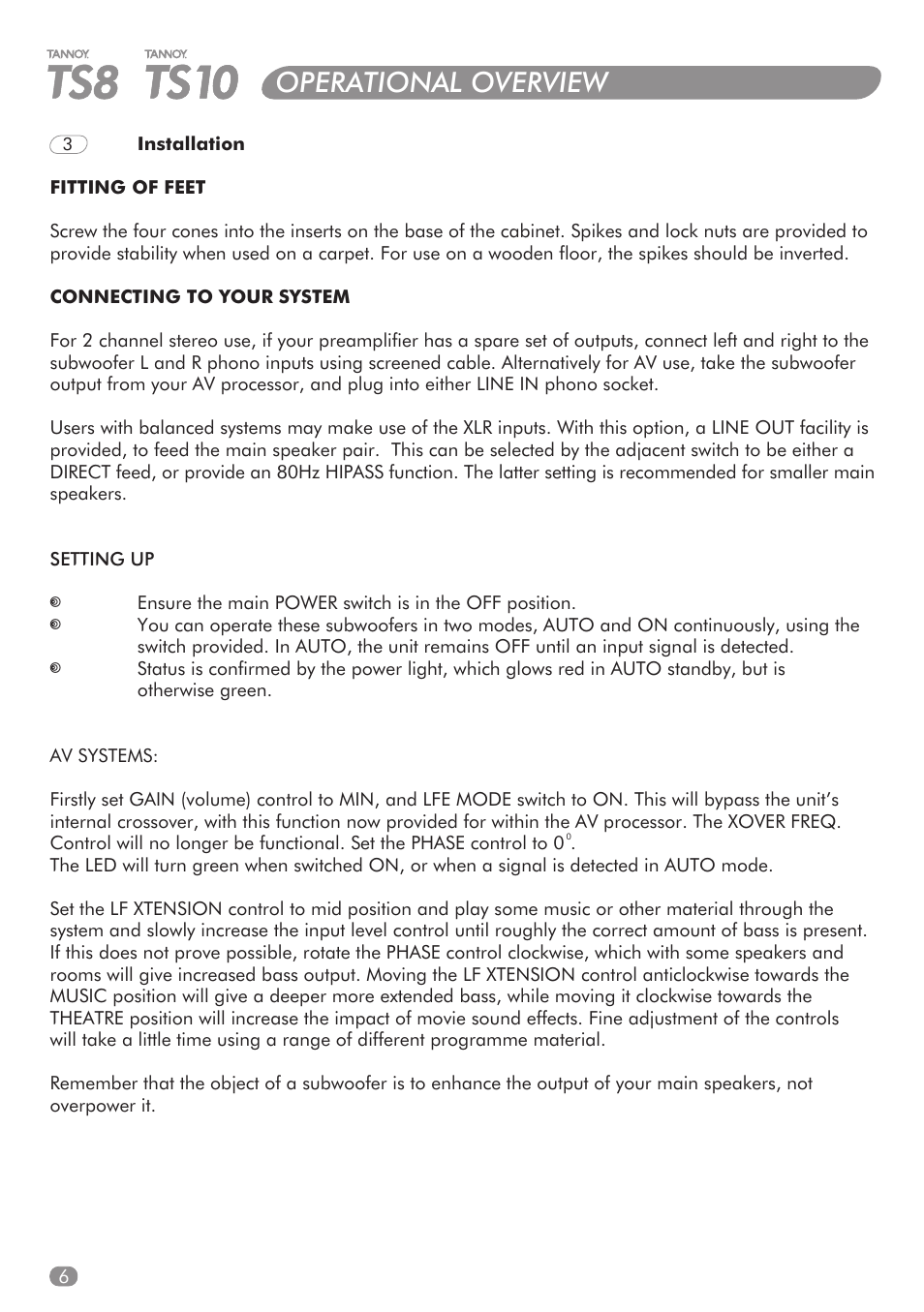 Operational overview | Tannoy TS8 User Manual | Page 5 / 10