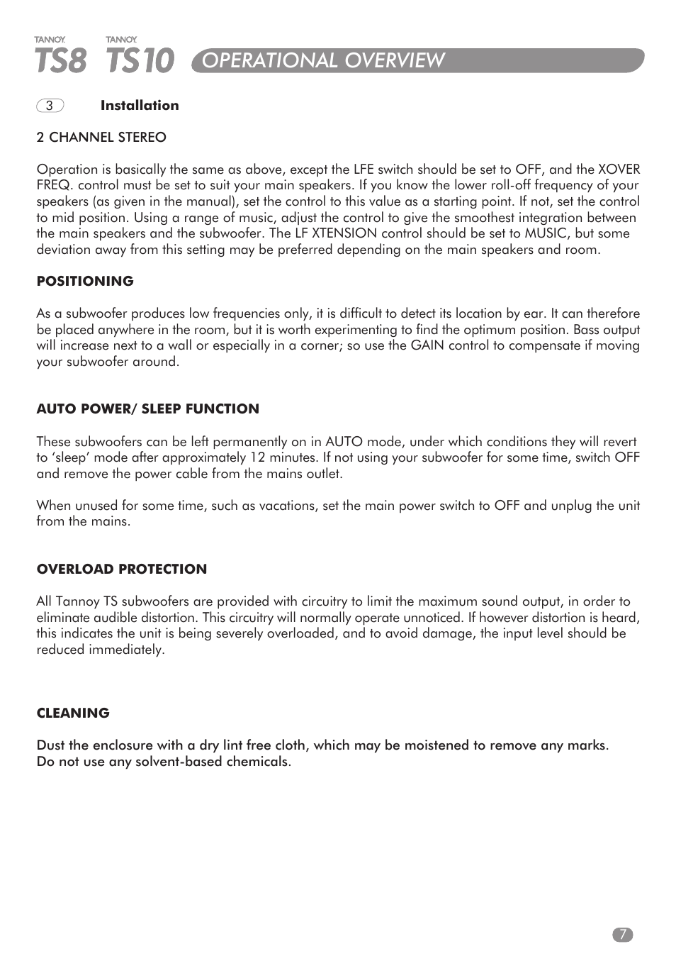 Operational overview | Tannoy TS8 User Manual | Page 6 / 10