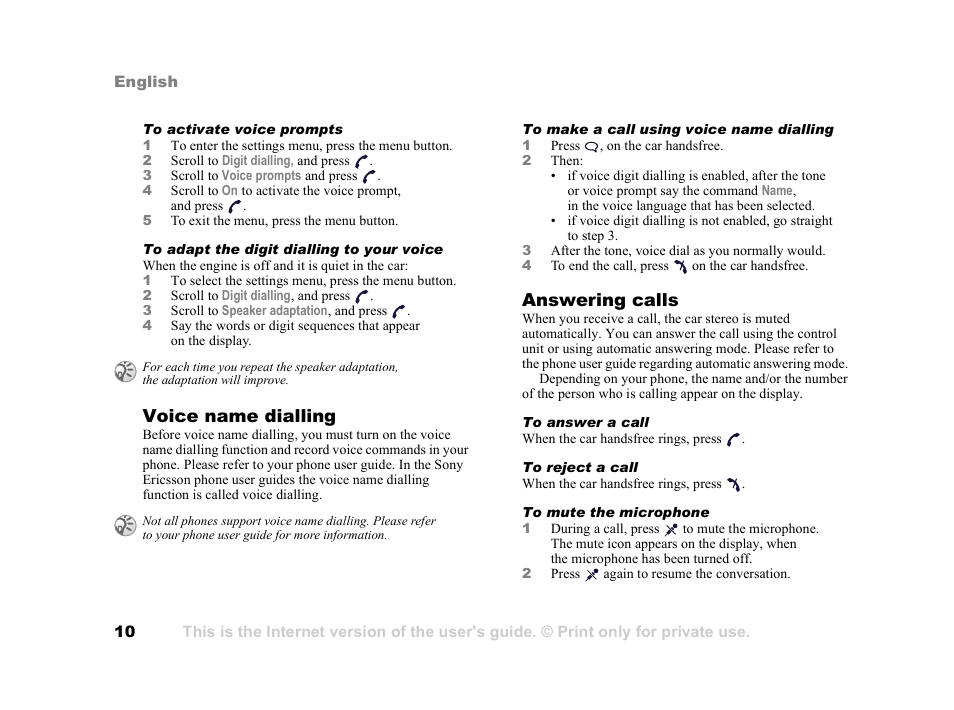 Voice name dialling, Answering calls | Tannoy HCB-700 User Manual | Page 10 / 111