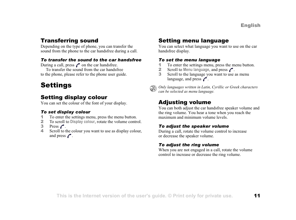 Settings, Settings 11, Transferring sound | Setting display colour, Setting menu language, Adjusting volume | Tannoy HCB-700 User Manual | Page 11 / 111