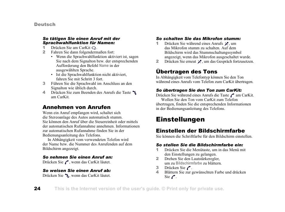 Einstellungen, Einstellungen 24, Annehmen von anrufen | Übertragen des tons, Einstellen der bildschirmfarbe | Tannoy HCB-700 User Manual | Page 24 / 111