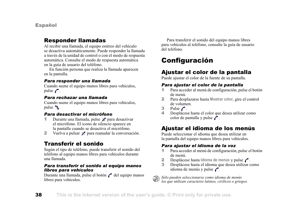 Configuración, Configuración 38, Responder llamadas | Transferir el sonido, Ajustar el color de la pantalla, Ajustar el idioma de los menús | Tannoy HCB-700 User Manual | Page 38 / 111