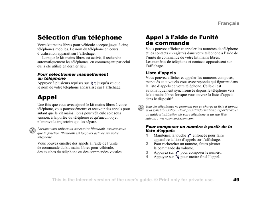 Sélection d’un téléphone, Appel, Sélection d’un téléphone 49 appel 49 | Appel à l’aide de l’unité de commande | Tannoy HCB-700 User Manual | Page 49 / 111