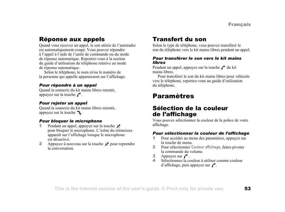 Paramètres, Paramètres 53, Réponse aux appels | Transfert du son, Sélection de la couleur de l’affichage | Tannoy HCB-700 User Manual | Page 53 / 111