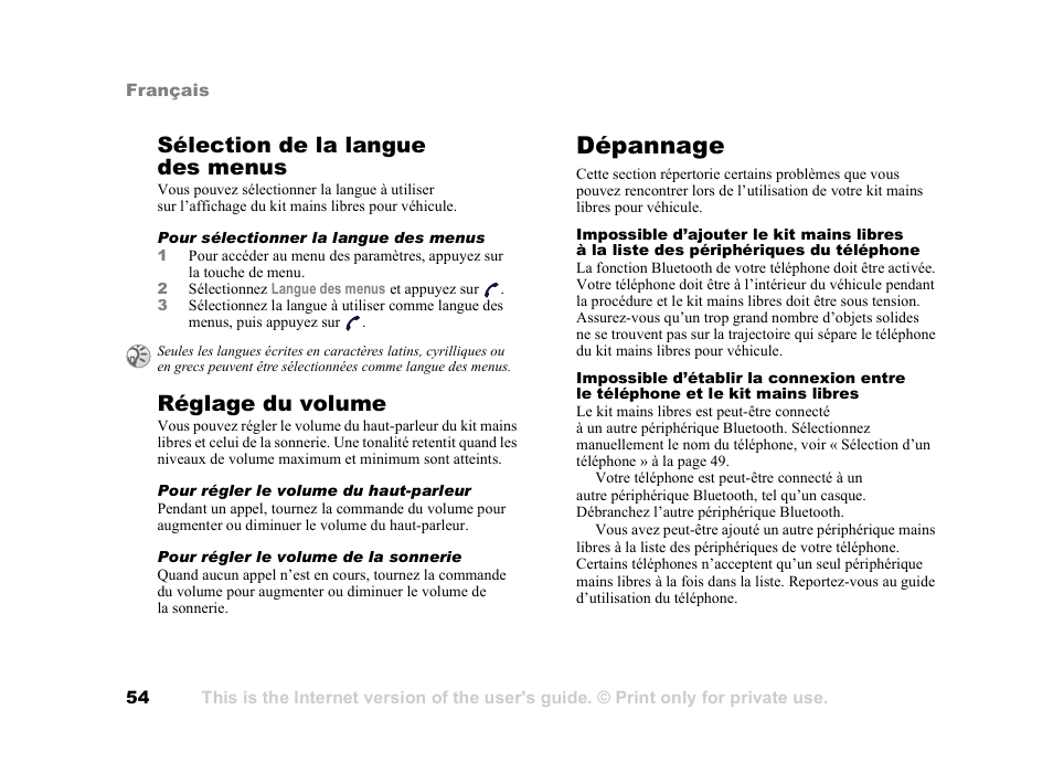 Dépannage, Dépannage 54, Sélection de la langue des menus | Réglage du volume | Tannoy HCB-700 User Manual | Page 54 / 111