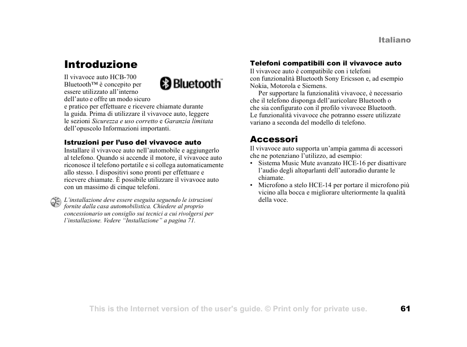 Introduzione, Introduzione 61, Accessori | Tannoy HCB-700 User Manual | Page 61 / 111