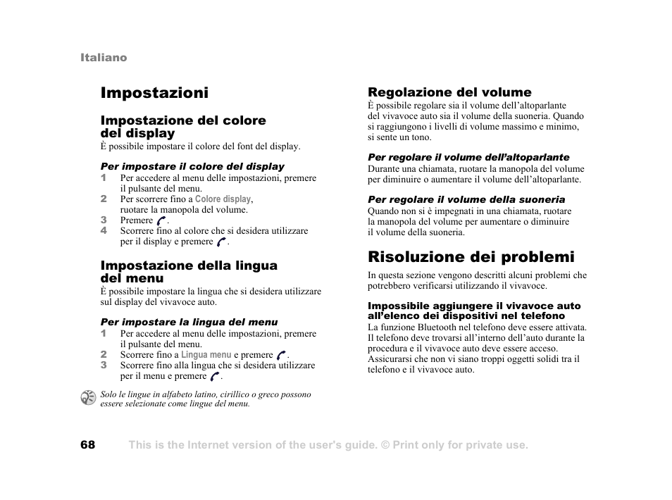 Impostazioni, Risoluzione dei problemi, Impostazioni 68 risoluzione dei problemi 68 | Impostazione del colore del display, Impostazione della lingua del menu, Regolazione del volume | Tannoy HCB-700 User Manual | Page 68 / 111