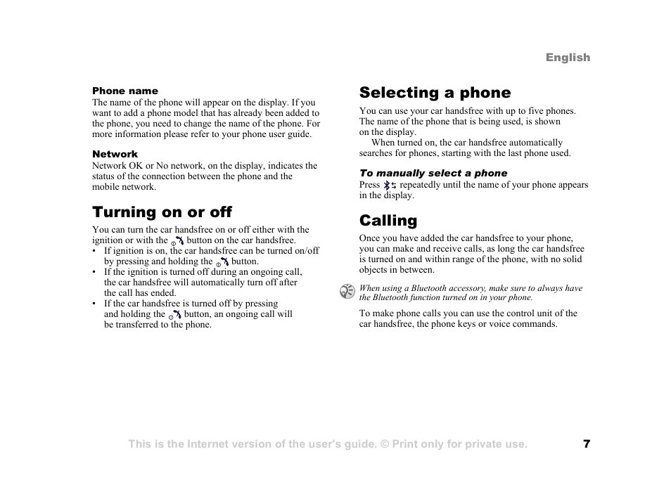 Turning on or off, Selecting a phone, Calling | Turning on or off 7 selecting a phone 7 calling 7 | Tannoy HCB-700 User Manual | Page 7 / 111