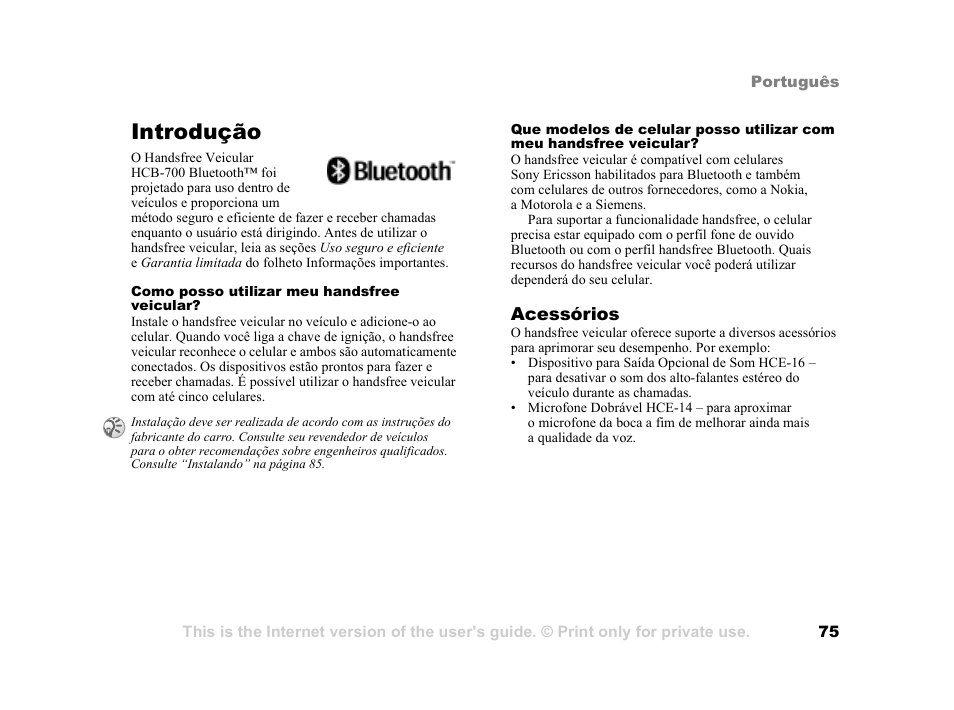 Introdução, Introdução 75, Acessórios | Tannoy HCB-700 User Manual | Page 75 / 111