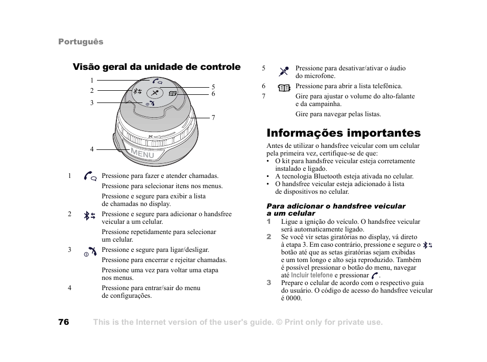 Informações importantes, Informações importantes 76, Visão geral da unidade de controle | Tannoy HCB-700 User Manual | Page 76 / 111