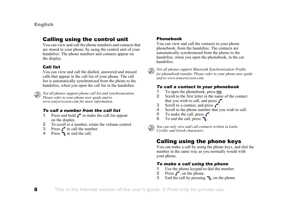 Calling using the control unit, Calling using the phone keys | Tannoy HCB-700 User Manual | Page 8 / 111