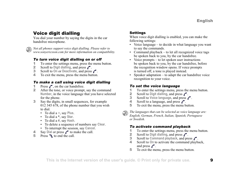Voice digit dialling | Tannoy HCB-700 User Manual | Page 9 / 111