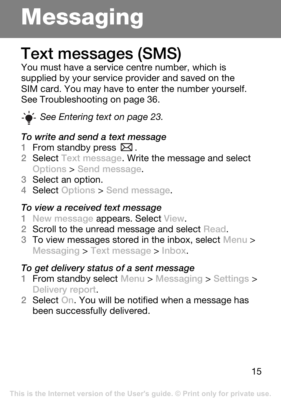 Messaging, Text messages (sms) | Tannoy T250I User Manual | Page 15 / 42