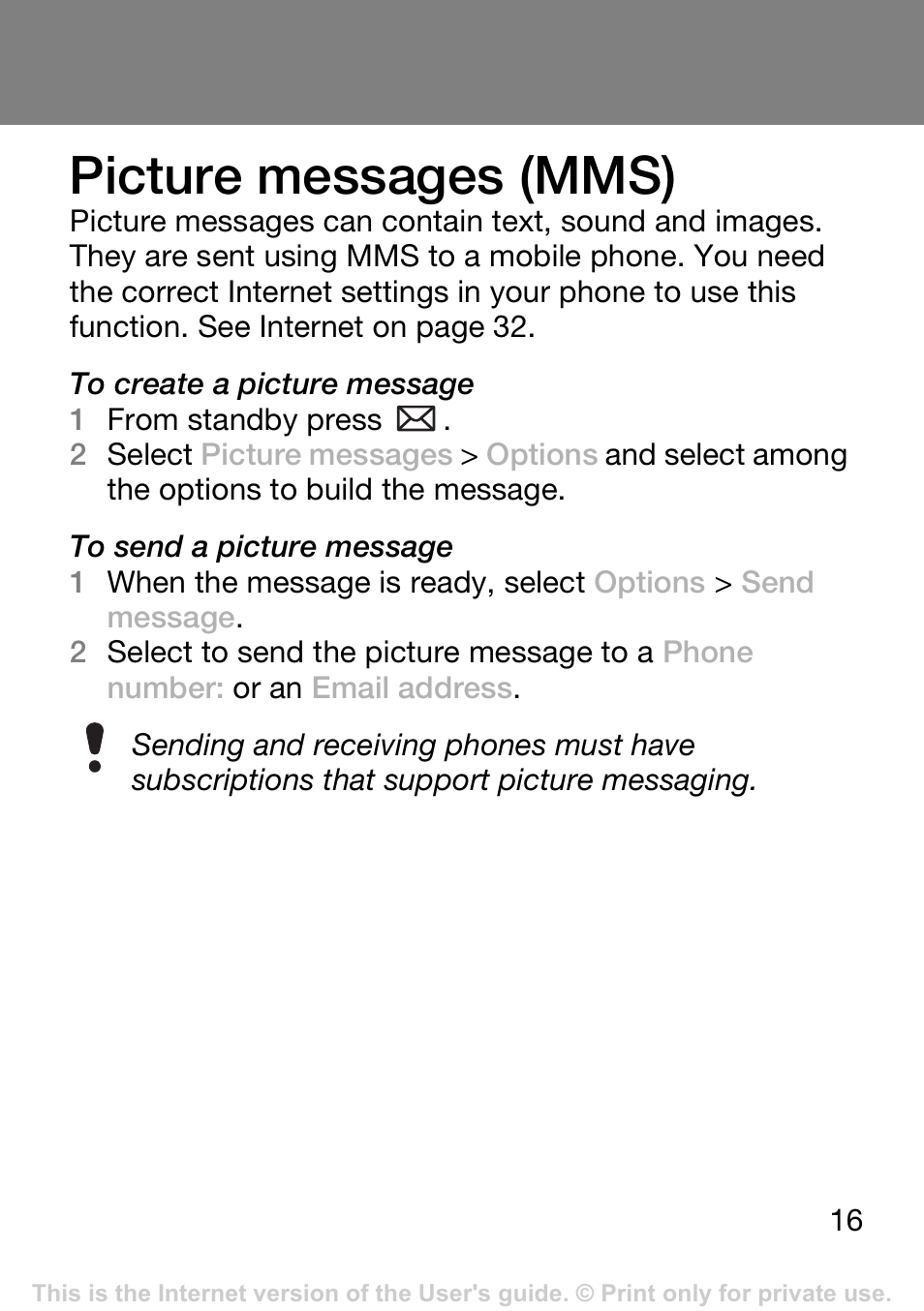 Picture messages (mms) | Tannoy T250I User Manual | Page 16 / 42