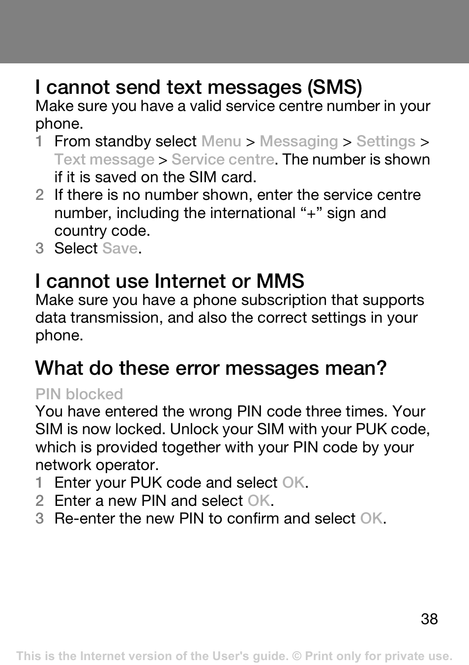 I cannot send text messages (sms), I cannot use internet or mms, What do these error messages mean | Tannoy T250I User Manual | Page 38 / 42