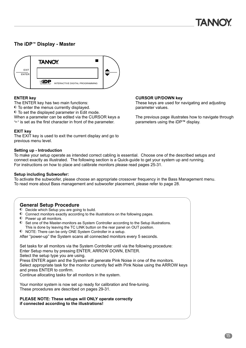 The idp, Display - master, General setup procedure | Tannoy ACTIVE STUDIO MONITORS User Manual | Page 15 / 56