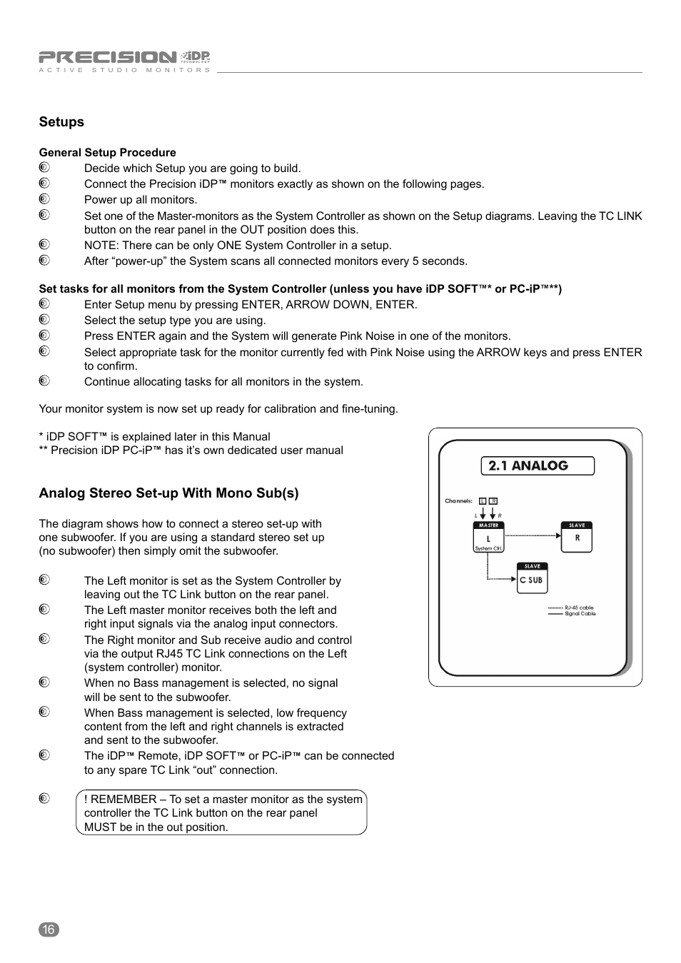 Setups, Analog stereo set-up with mono sub(s) | Tannoy ACTIVE STUDIO MONITORS User Manual | Page 16 / 56