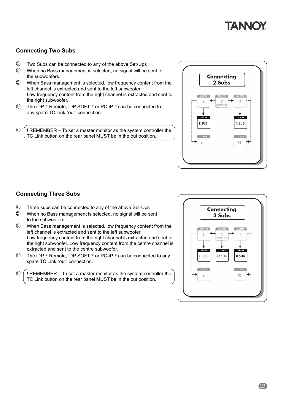 Connecting two subs, Connecting three subs | Tannoy ACTIVE STUDIO MONITORS User Manual | Page 23 / 56