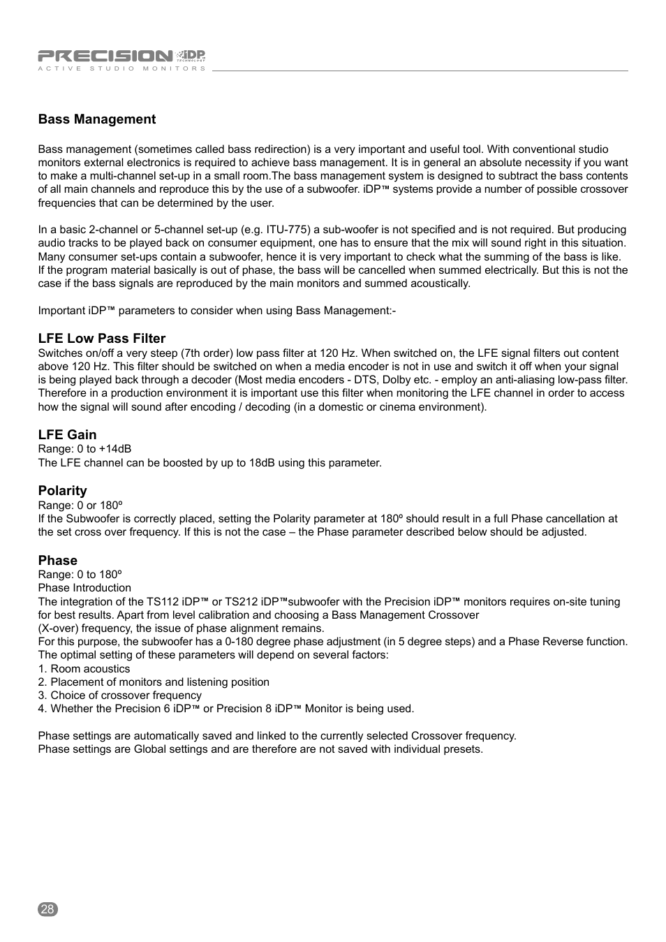 Bass management, Lfe low pass filter, Lfe gain | Polarity, Phase | Tannoy ACTIVE STUDIO MONITORS User Manual | Page 28 / 56