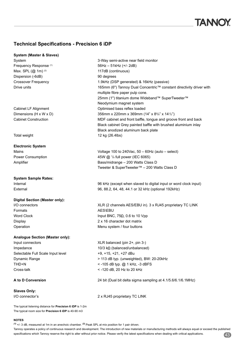 Technical specifications - precision 6 idp | Tannoy ACTIVE STUDIO MONITORS User Manual | Page 43 / 56