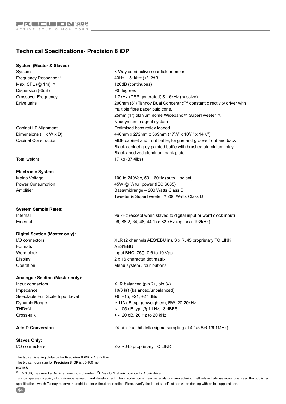 Technical specifications- precision 8 idp | Tannoy ACTIVE STUDIO MONITORS User Manual | Page 44 / 56