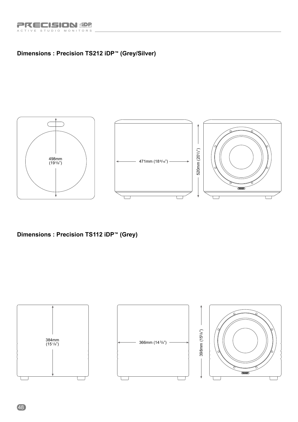 Dimensions : precision ts212 idp, Grey/silver), Dimensions : precision ts112 idp | Grey) | Tannoy ACTIVE STUDIO MONITORS User Manual | Page 48 / 56