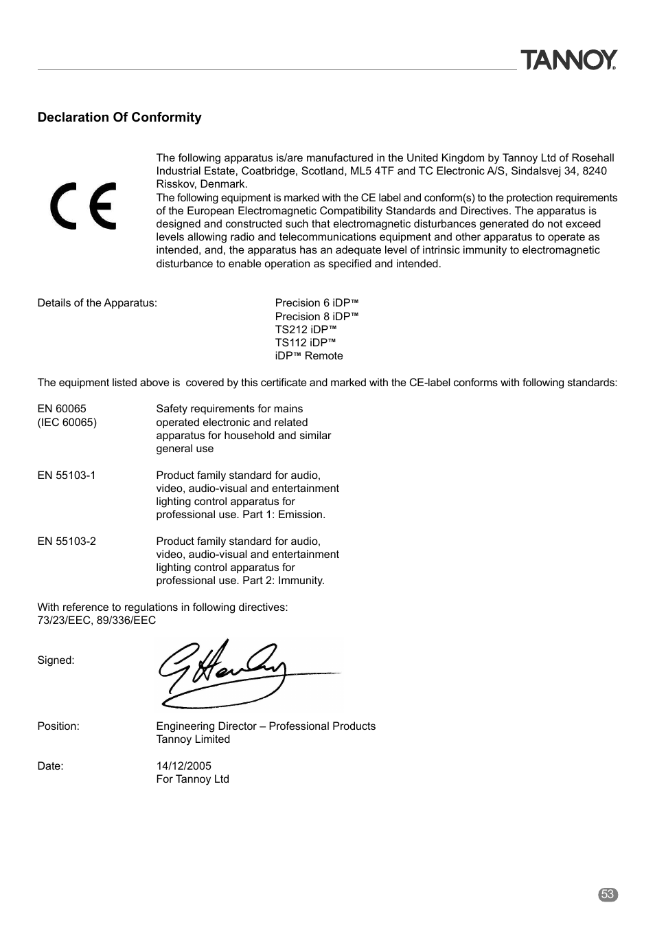 Declaration of conformity | Tannoy ACTIVE STUDIO MONITORS User Manual | Page 53 / 56