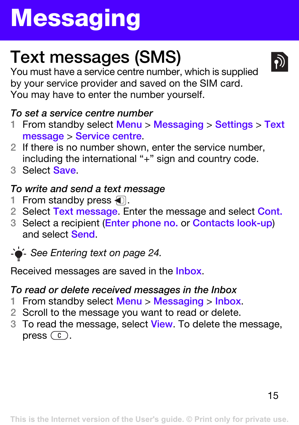 Messaging, Text messages (sms) | Tannoy T303 User Manual | Page 15 / 42