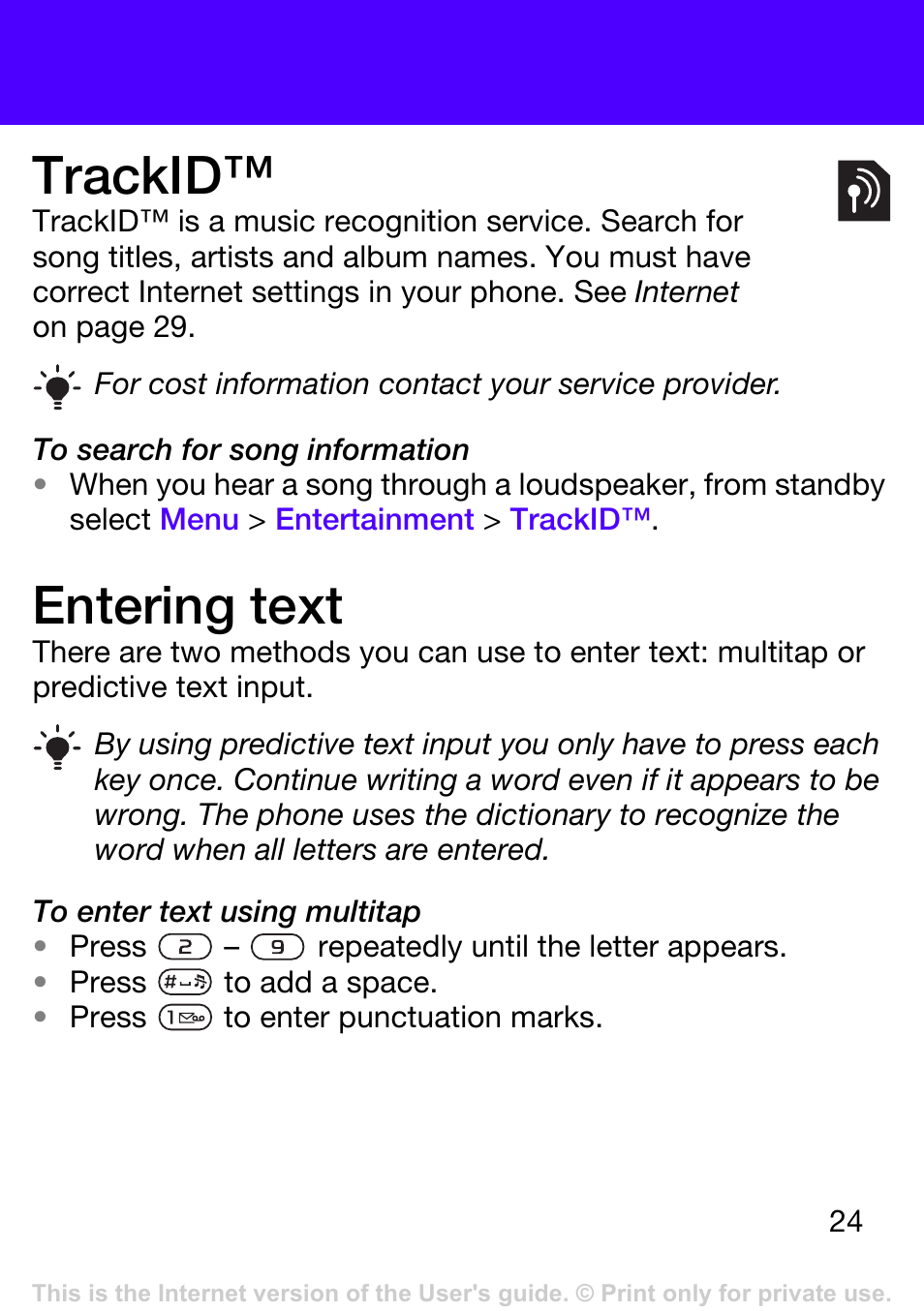 Trackid, Entering text, See entering text on pa | E entering text, Ge 24 | Tannoy T303 User Manual | Page 24 / 42