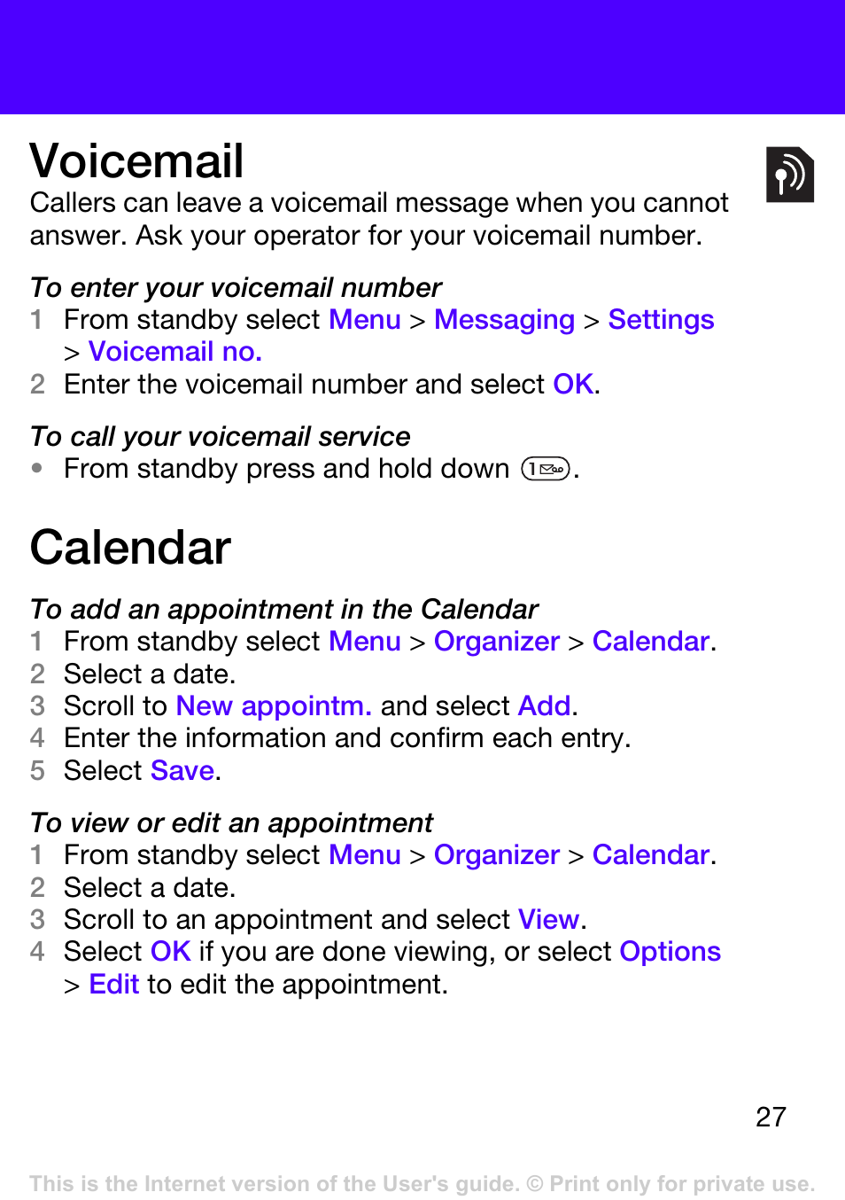 Voicemail, Calendar | Tannoy T303 User Manual | Page 27 / 42