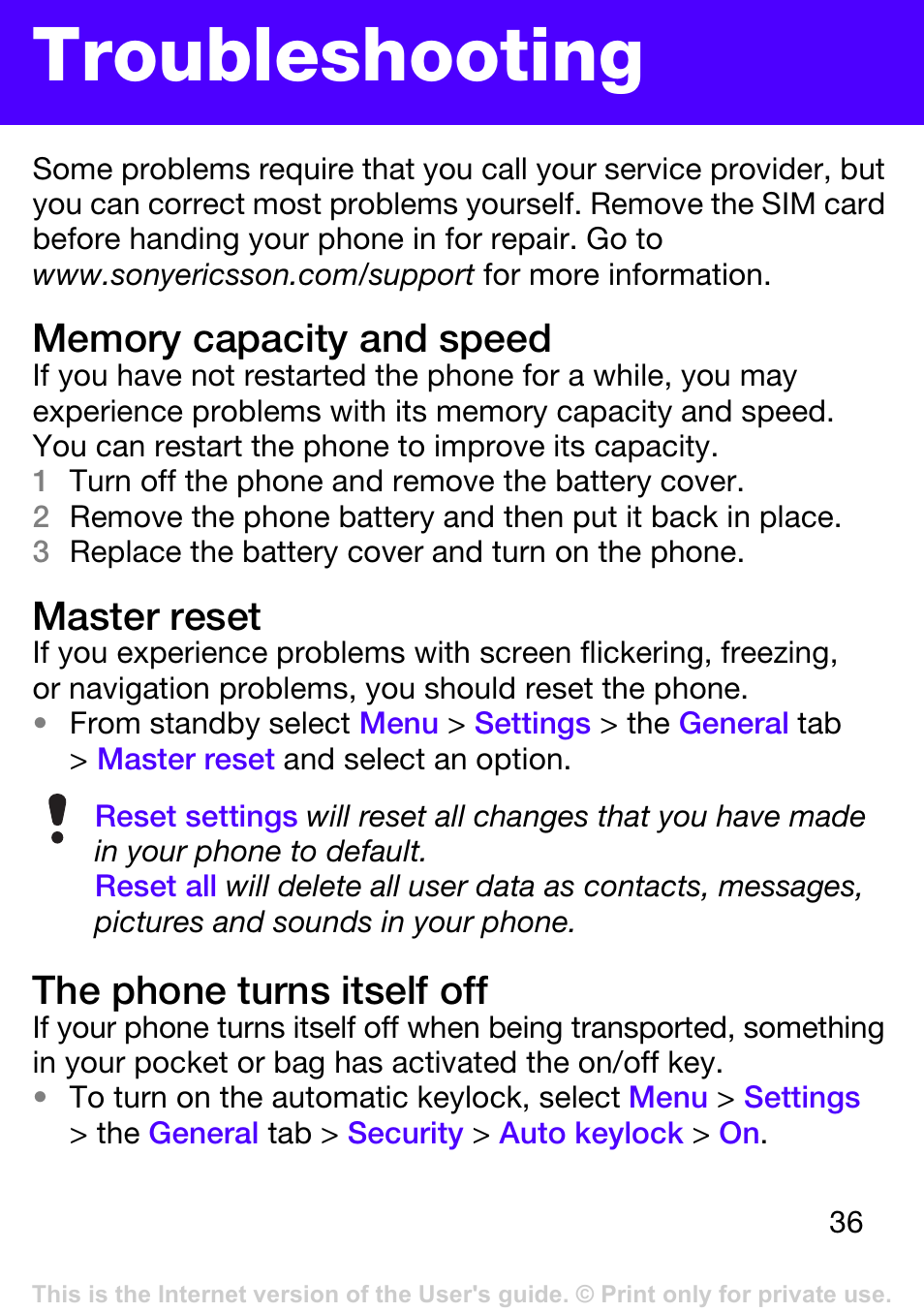 Troubleshooting, Master reset, The phone turns itself off | Tannoy T303 User Manual | Page 36 / 42