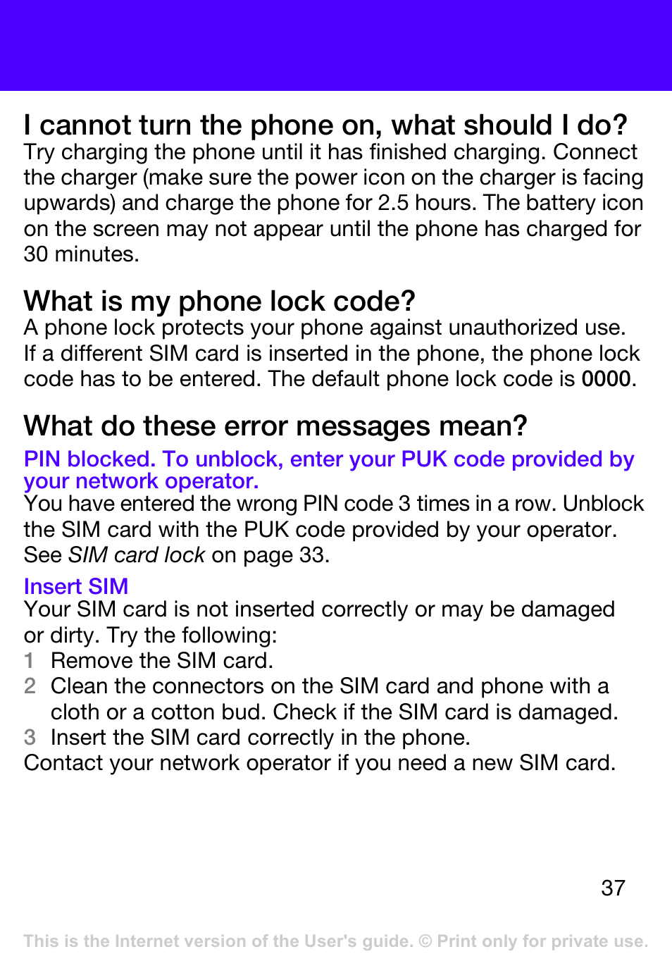 I cannot turn the phone on, what should i do, What is my phone lock code, What do these error messages mean | Tannoy T303 User Manual | Page 37 / 42