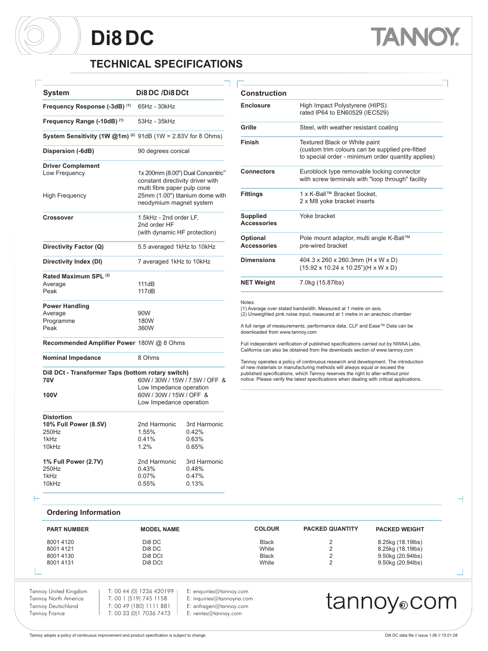 Di8dc, Technical specifications | Tannoy Di8DC User Manual | Page 2 / 12