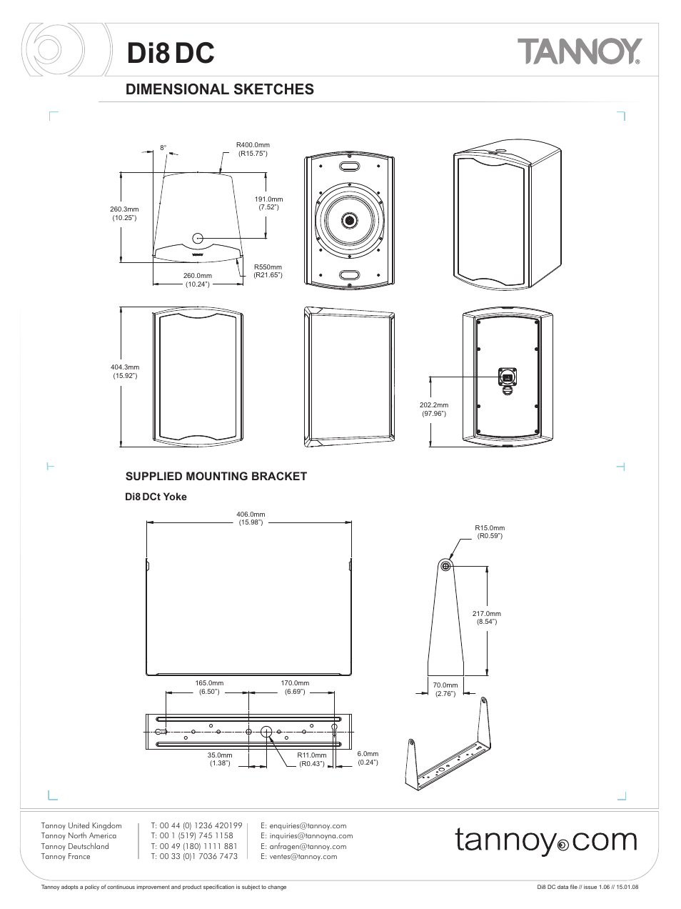 Di8dc, Dimensional sketches, Supplied mounting bracket | Di8dct yoke | Tannoy Di8DC User Manual | Page 7 / 12