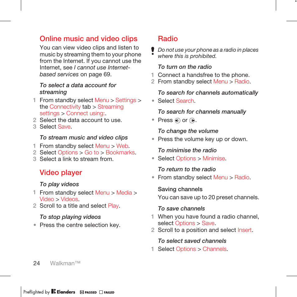 Online music and video clips, Video player, Radio | Tannoy WALKMAN W715 User Manual | Page 24 / 88