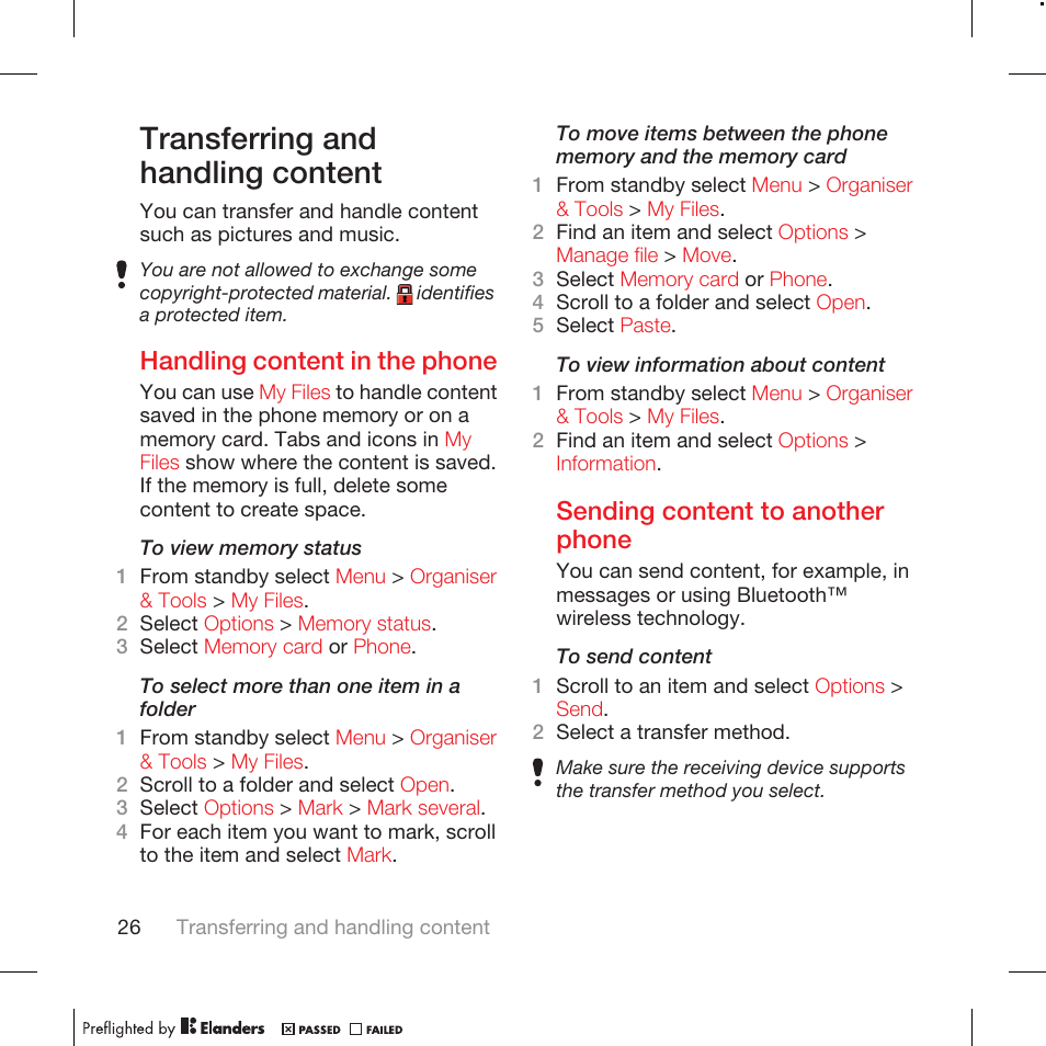 Transferring and handling content, Handling content in the phone, Sending content to another phone | Tannoy WALKMAN W715 User Manual | Page 26 / 88
