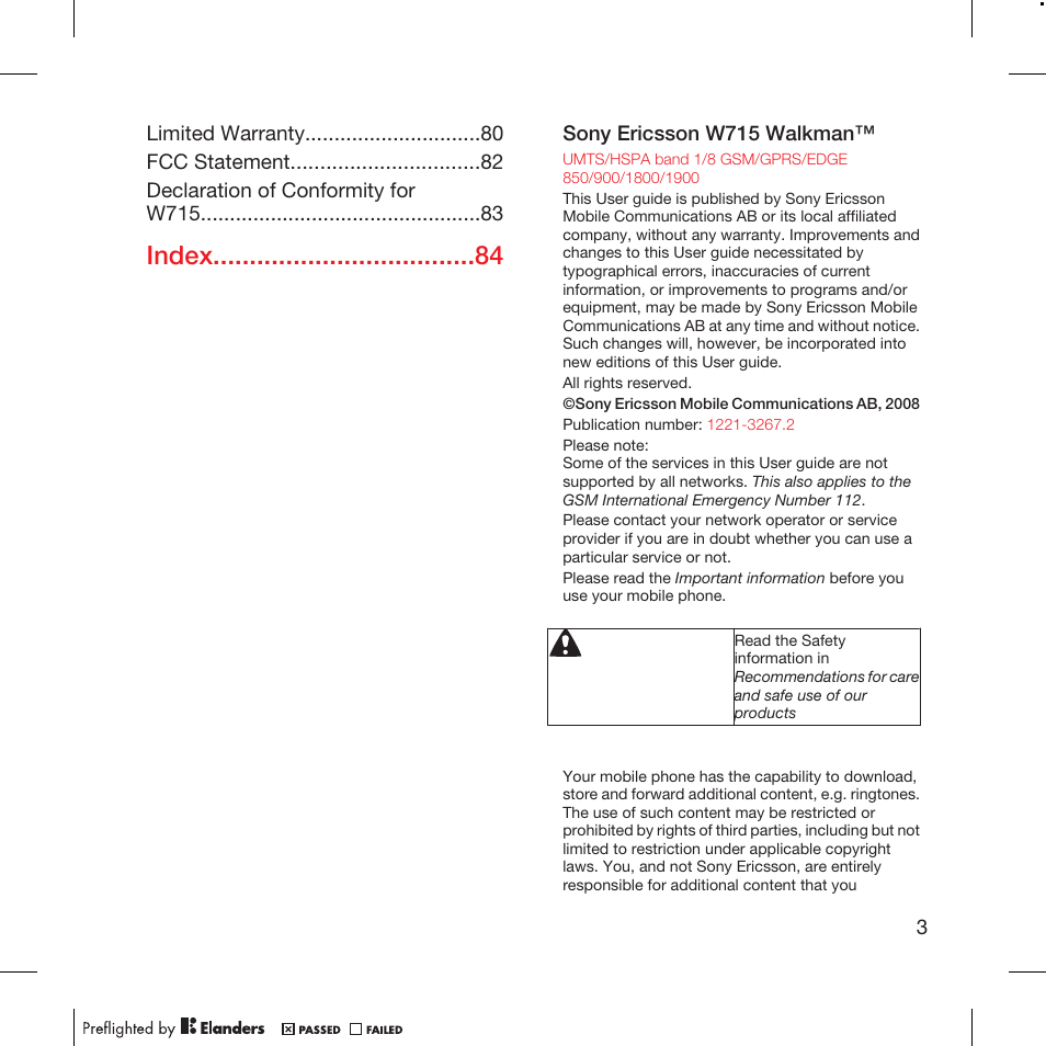 Index | Tannoy WALKMAN W715 User Manual | Page 3 / 88