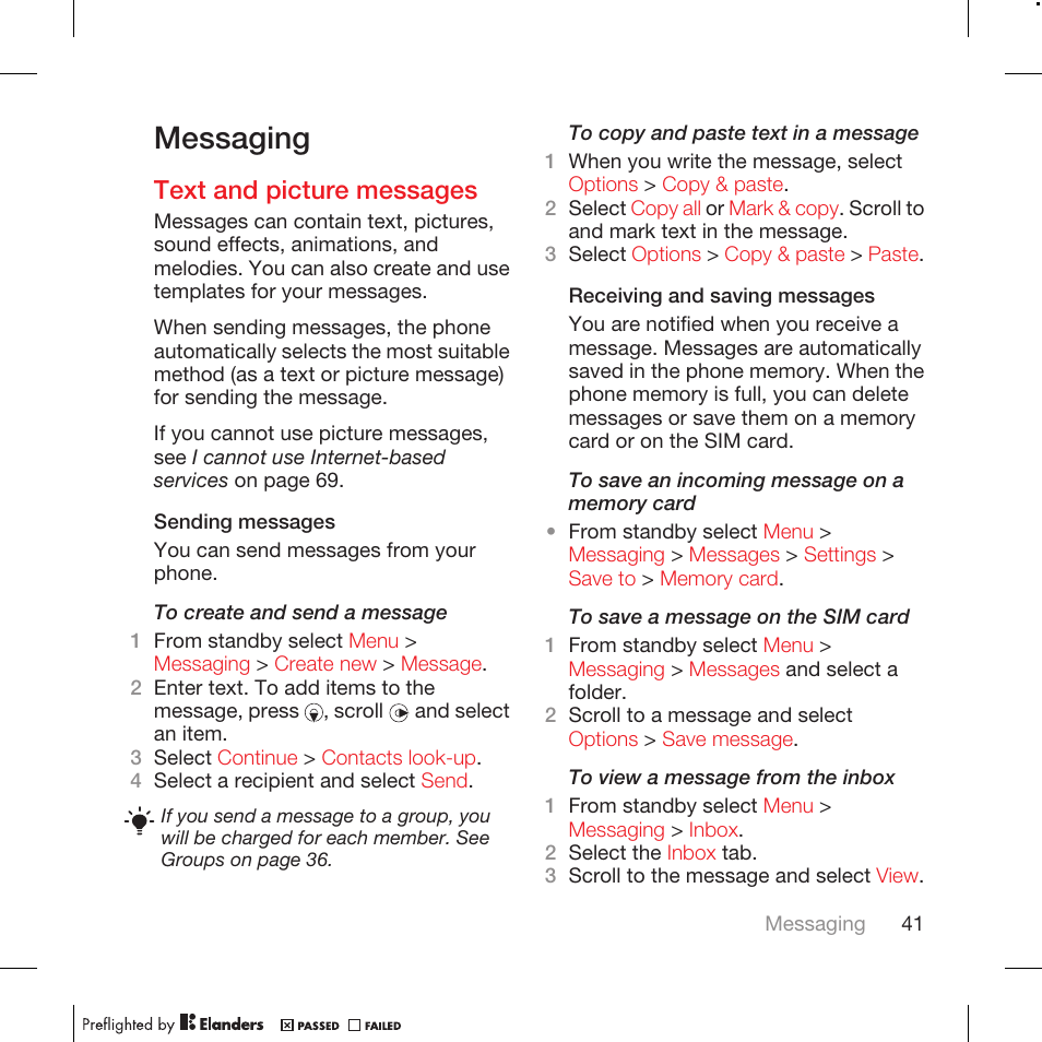 Messaging, Text and picture messages | Tannoy WALKMAN W715 User Manual | Page 41 / 88