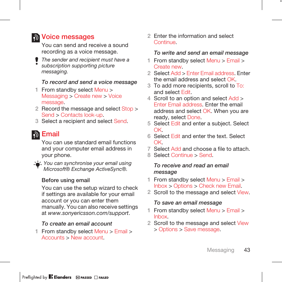 Voice messages, Email | Tannoy WALKMAN W715 User Manual | Page 43 / 88