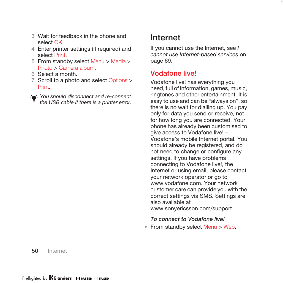 Internet, Vodafone live | Tannoy WALKMAN W715 User Manual | Page 50 / 88