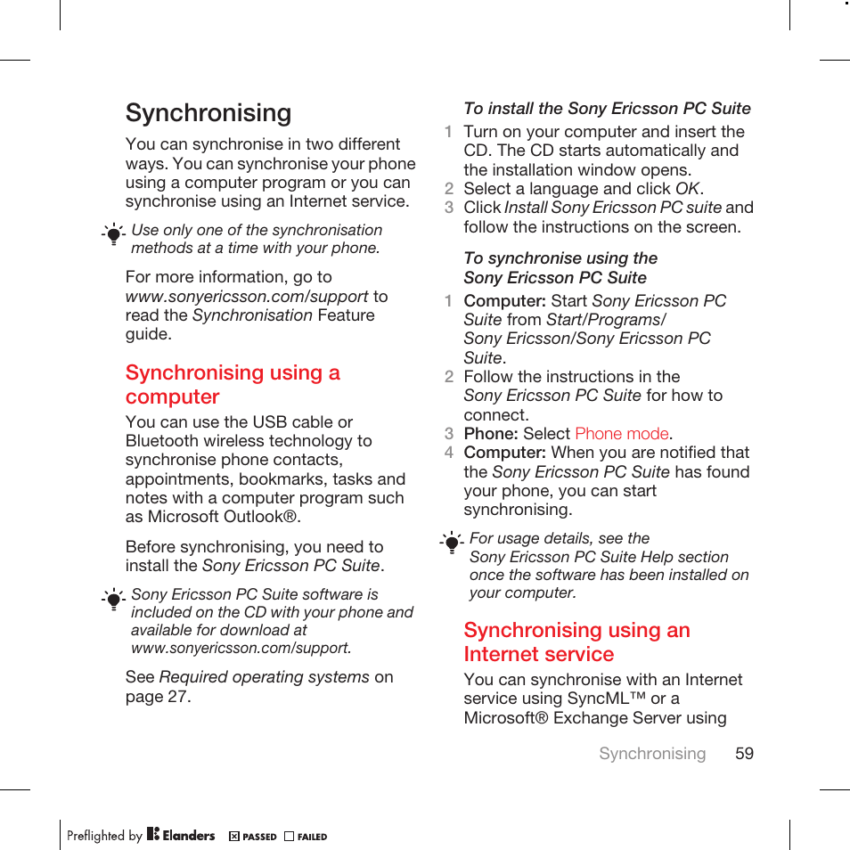 Synchronising, Synchronising using a computer, Synchronising using an internet service | Tannoy WALKMAN W715 User Manual | Page 59 / 88
