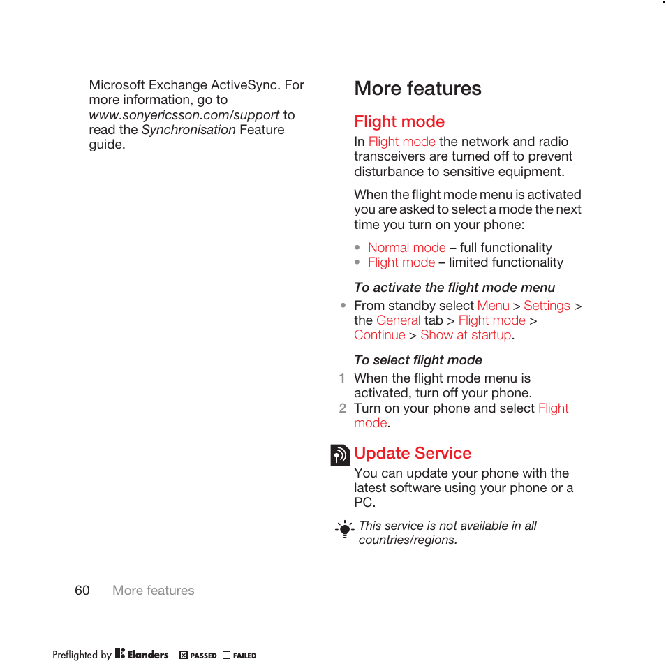 More features, Flight mode, Update service | Tannoy WALKMAN W715 User Manual | Page 60 / 88