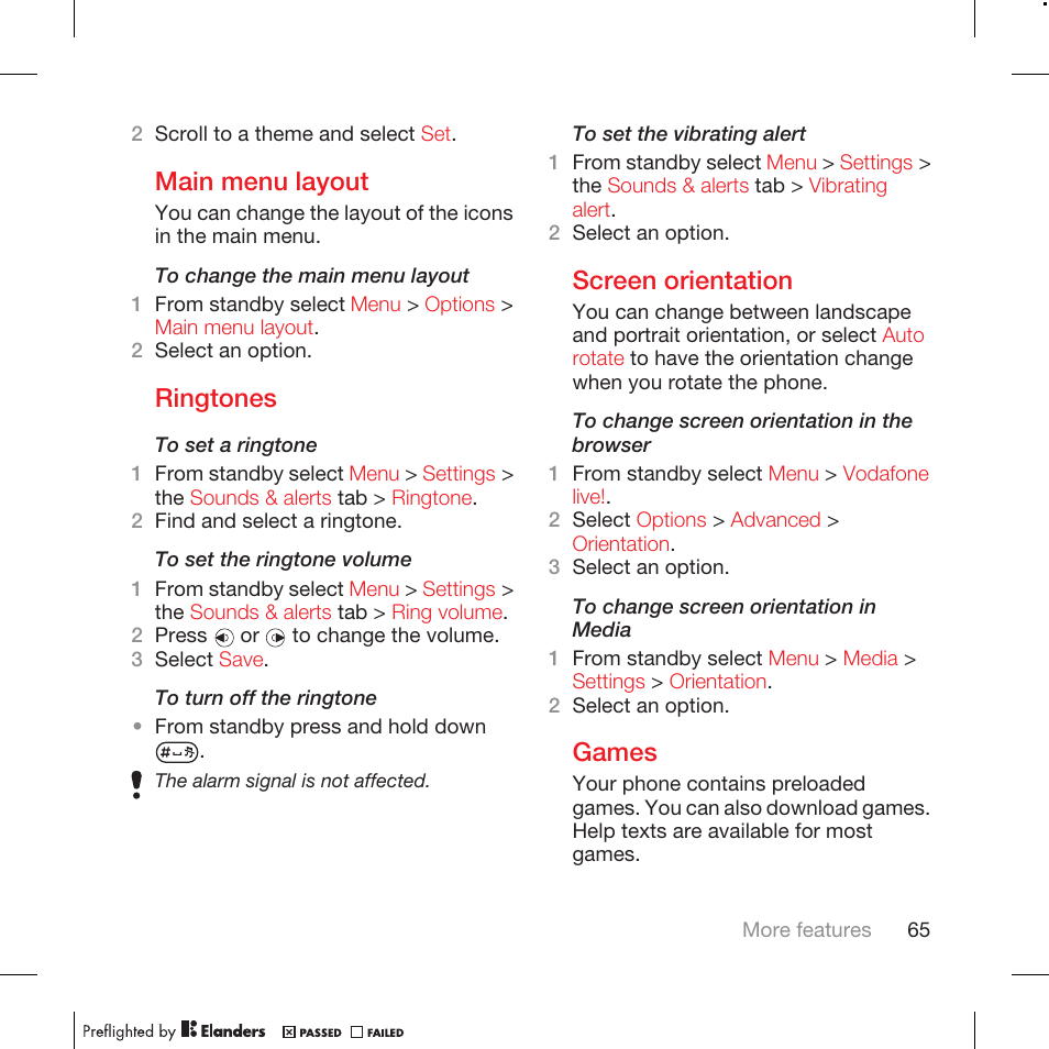 Main menu layout, Ringtones, Screen orientation | Games | Tannoy WALKMAN W715 User Manual | Page 65 / 88