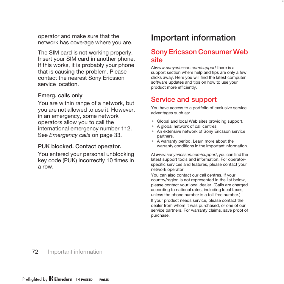 Important information, Sony ericsson consumer web site, Service and support | Tannoy WALKMAN W715 User Manual | Page 72 / 88