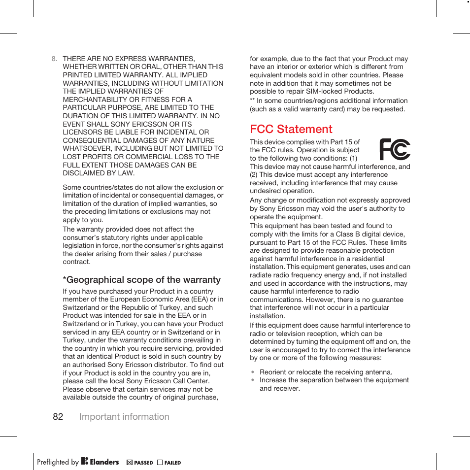 Fcc statement | Tannoy WALKMAN W715 User Manual | Page 82 / 88