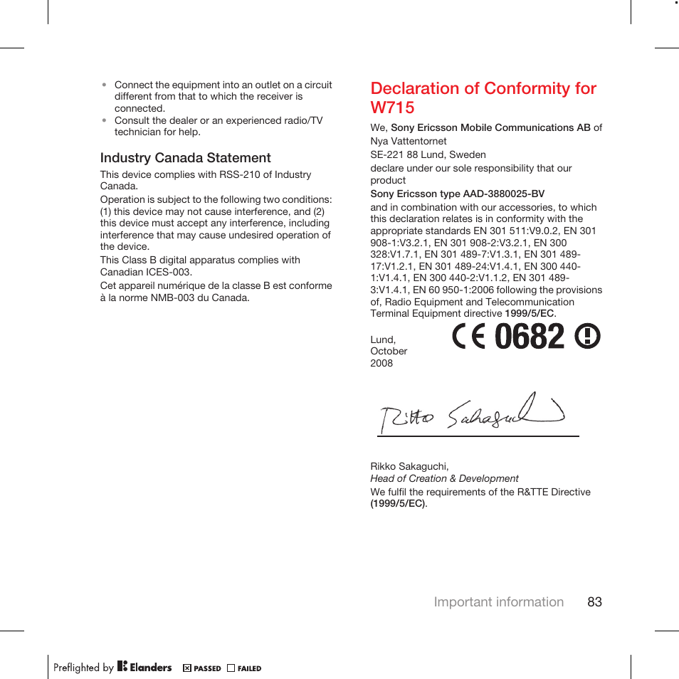 Declaration of conformity for w715 | Tannoy WALKMAN W715 User Manual | Page 83 / 88