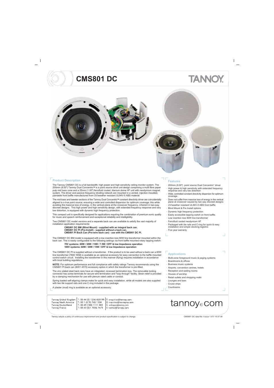 Tannoy CMS801 DC User Manual | 8 pages