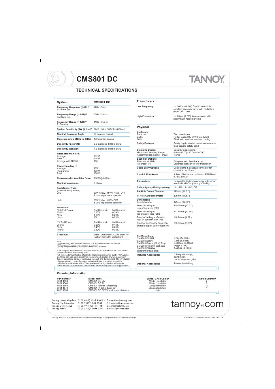 Cms801 dc, Technical specifications | Tannoy CMS801 DC User Manual | Page 2 / 8