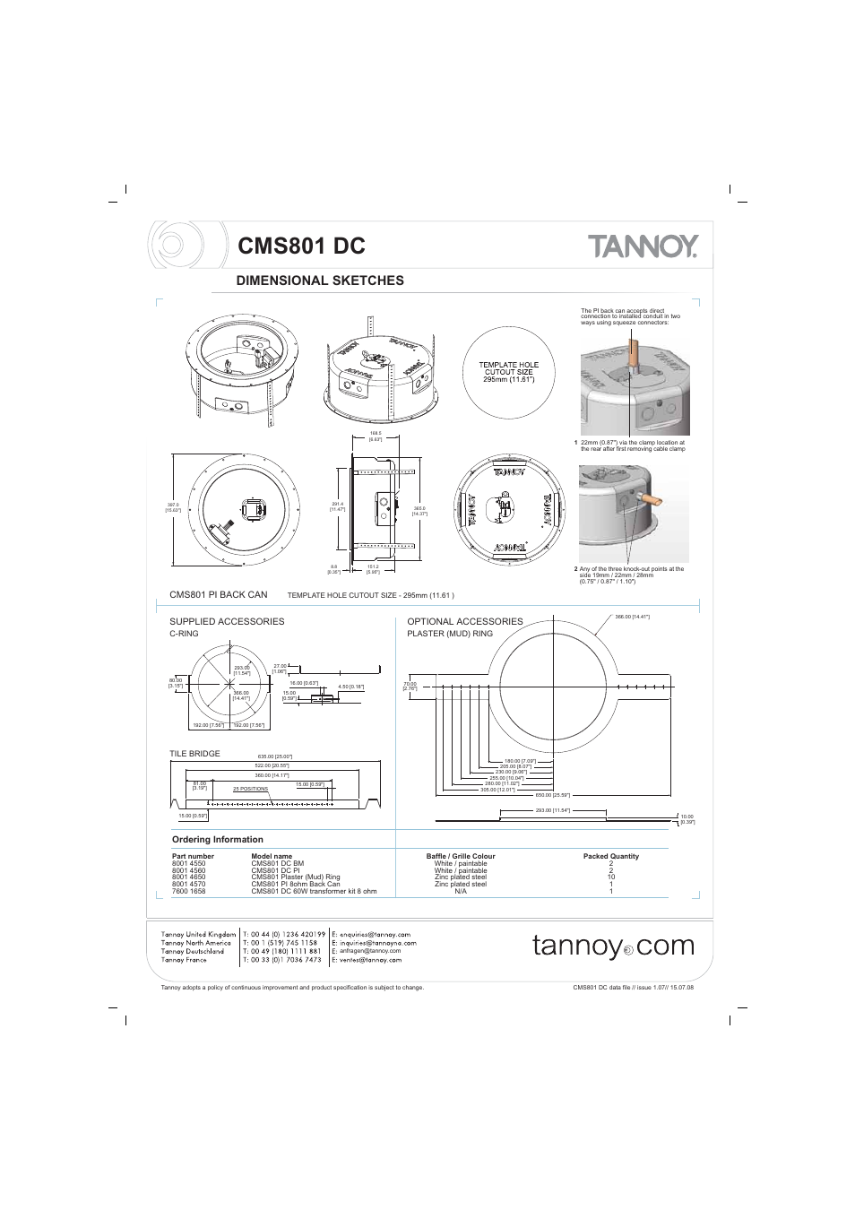 Cms801 dc, Dimensional sketches, Cms801 pi back can | Supplied accessories, Optional accessories, Ordering information | Tannoy CMS801 DC User Manual | Page 6 / 8