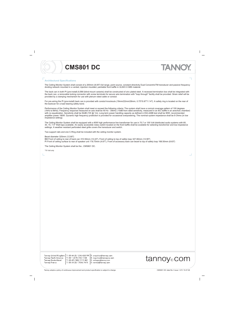 Cms801 dc | Tannoy CMS801 DC User Manual | Page 7 / 8